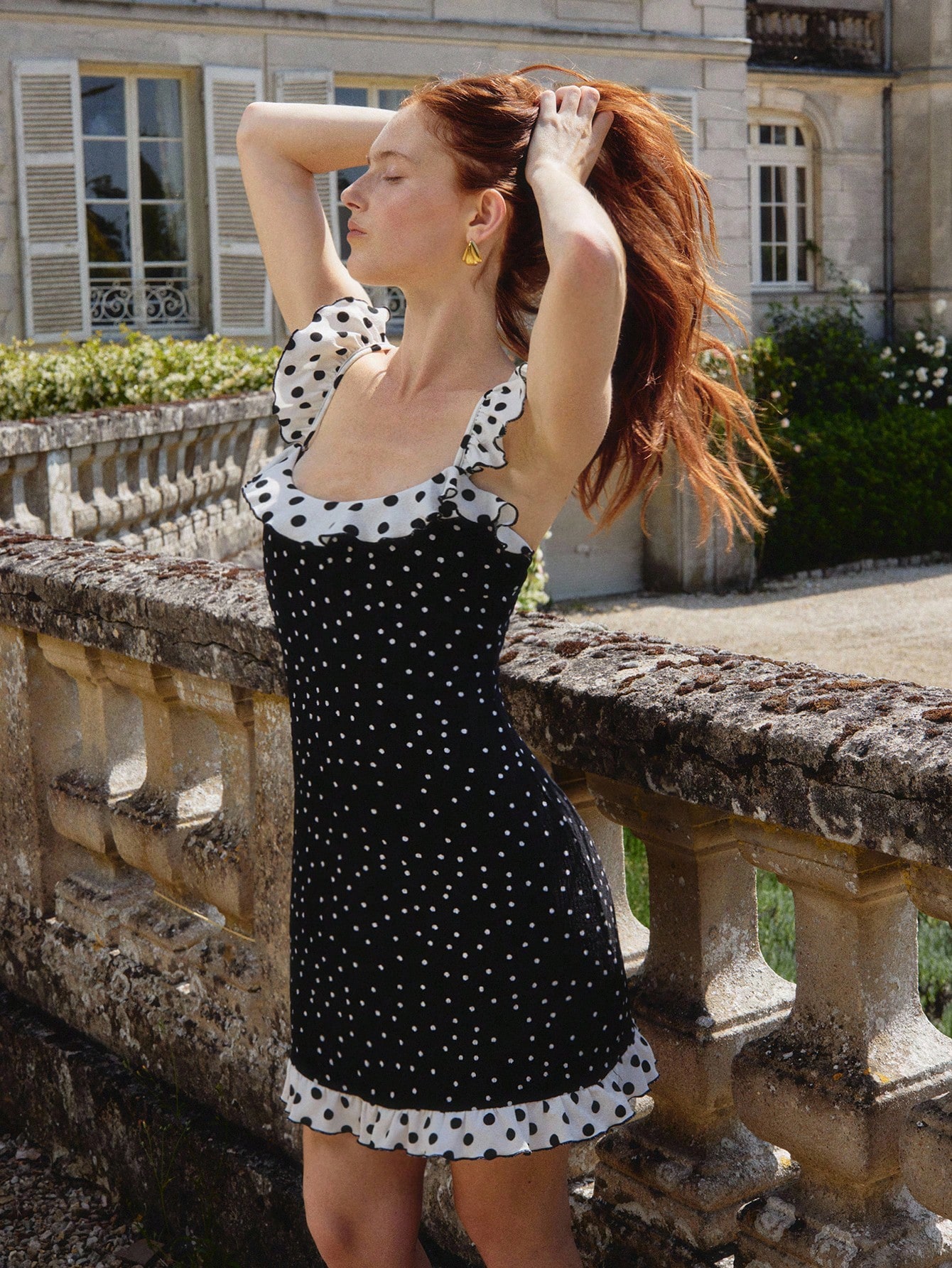 Vintage Style Polka Dot Print Contrast Ruffle Fitted Mini Dress Vacation Dress French Style Dress Spring Summer