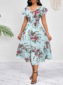 SHEIN Lady 花卉印花荷叶边褶饰下摆系带连衣裙中长连衣裙休闲日常优雅派对四季生日和活动连衣裙/办公室连衣裙/节日连衣裙 - 湖藍色 - 查看 4