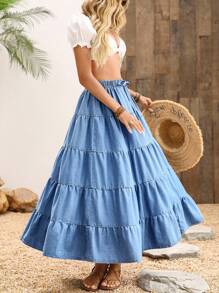 LanaWest 女式牛仔长裙，夏季时尚 - 藍色 - 查看 4