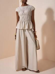 Zivah 2025 夏季新款时尚音乐节/毕业休闲装，学院风，学生日常穿着，百搭休闲海滩度假太阳裙，纹理棉麻面料短袖褶皱下摆衬衫和阔腿裤 2 件套