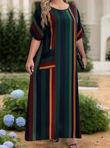 EMERY ROSE Plus Size Women Casual Striped Round Neck Pocket 3/4 Sleeve Dress, Suitable For Vacation - Multicolor - View 4