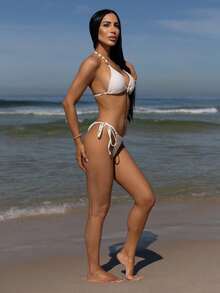 Carolina Barros 夏季海滩纯色纹理分体比基尼套装婚礼 - 杏色 - 查看 5