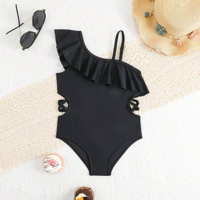 Girls' Ruffled Hem Non-Locking One-Piece Swimsuit Girls One Shoulder One Piece Swimsuit Black One Piece Swimsuit Ruffle One Piece Swimsuit Black Swims