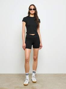 AiiRZ High Waisted Biker Shorts With Wrap Waistband Yoga Fitness Running Active Wear Mid Thigh Length