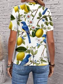 EMERY ROSE Camiseta de mujer de manga corta, cuello redondo, estampado en acuarela de limones, flores y pájaros, de corte holgado