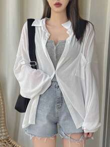 DAZY Camisa larga de mujer con hombros caídos y mangas largas, estilo preppy y transparente