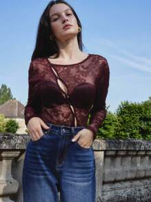 lacRébo Sexy Sheer Lace Long Sleeve Top With Asymmetric Buttons Spring Top Night Out Top Club Spring Summer - Burgundy - View 5
