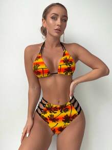 Swim Vcay Women's Summer Beach Palm Tree Print Halter Neck Tie Front Sexy Bikini Set (Print Random) - Multicolor - View 5