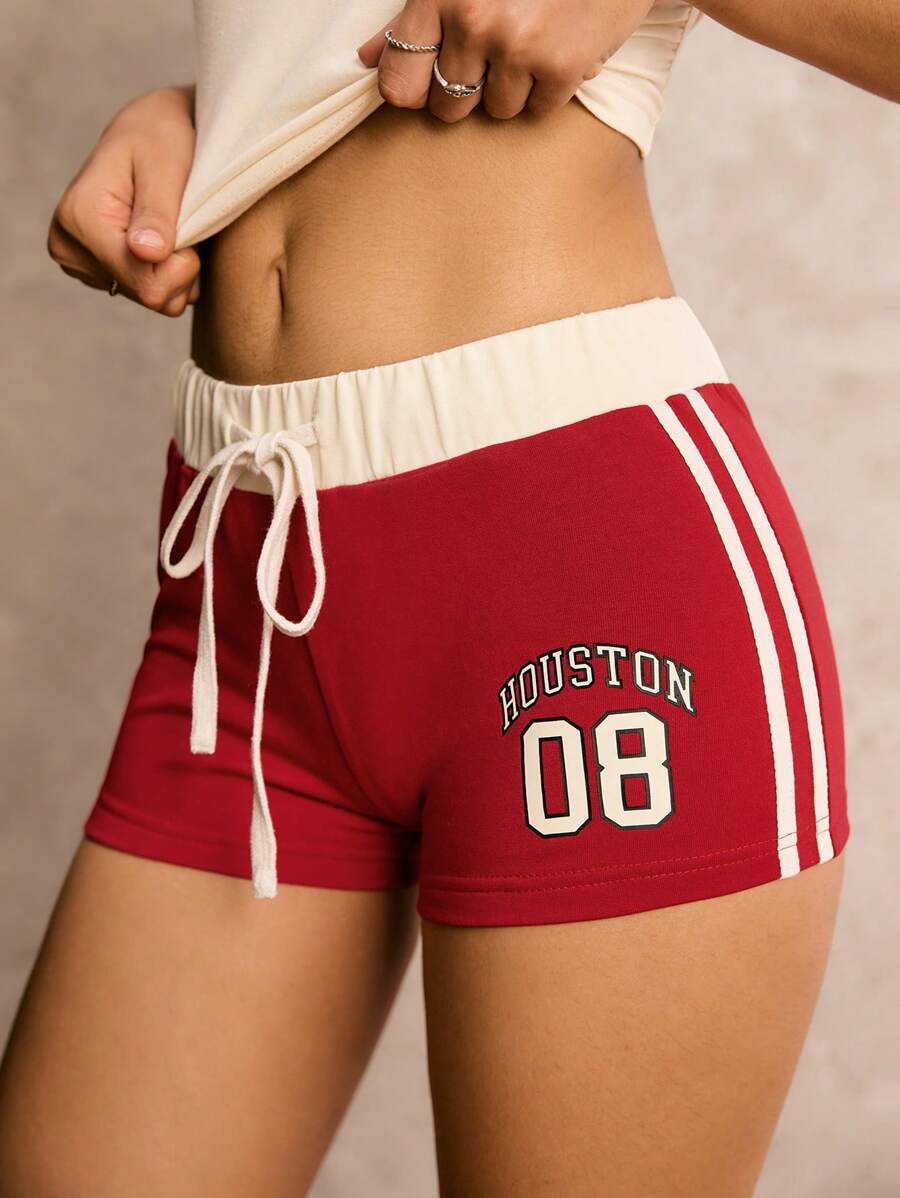 Easelle 字母印花运动休闲户外夏季抽绳女式短裤 - 紅色 - 查看 1