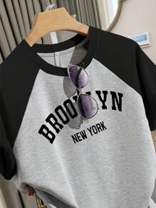 INAWLY Conjunto informal de verano para mujer de camiseta y shorts a juego con colores en contraste, con estampado gráfico de letras - Multicolor - Ver 6