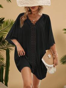 SHEIN VCAY Plus Size Women Vacation Solid Color Contrast Lace Batwing Sleeve Dress - Black - View 6