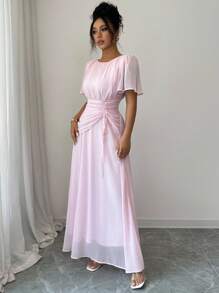 Elenzga Vestido largo con mangas paragua, cuello redondo, cintura recogida y cordón para mujer, de estilo francés romántico siciliano, elegante y casual, ideal para ir al trabajo, vacaciones, tarde de té