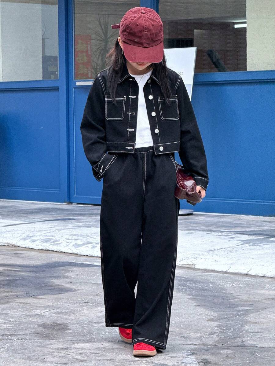 Dazy Kids 2pcs Tween Girl Denim Long Sleeve Shirt And Denim Pants Set, Tween Girl Fall Fashion - Black - View 1