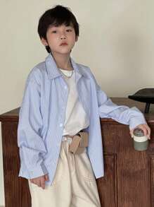 Dazy Kids 青少年男童长袖条纹纽扣翻领衬衫，秋季童装，返校服 - 藍色 - 查看 5