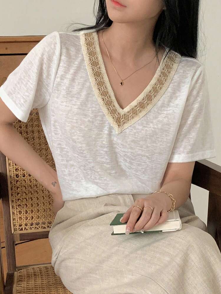 Women's Summer Splice Striped V-Neck Short Sleeve Casual T-Shirt