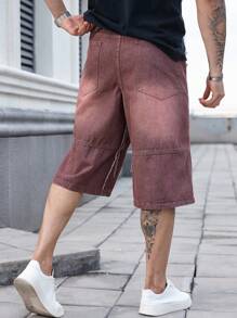 Manfinity LEGND Plus Size Men's Pockets Frayed Hem Wide Leg Loose Casual Denim Shorts - Burgundy - View 2