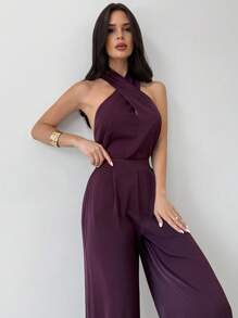 Firerie طقم مكون من قطعتين من لباس علوي مكشوفة الظهر وبنطلون واسع الساق وخصر مرتفع، مناسب للارتداء اليومي والعطلات، أنيق وعصري، مناسب للارتداء خارج المنزل، مناسب للارتداء اليومي والعطلات، باللون البنفسجي الباذنجاني