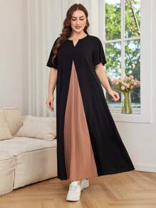 SHEIN Lacomfia 大码女式撞色V领荷叶边短袖休闲连衣裙 - 彩色 - 查看 3