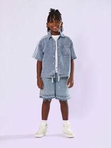 SUMWON Boxy Fit Denim Shirt Racing Stripe Short Sleeve Button Down Track Inspired Casual Streetwear Youth Modern Fashion Shirt - Blue - View 4