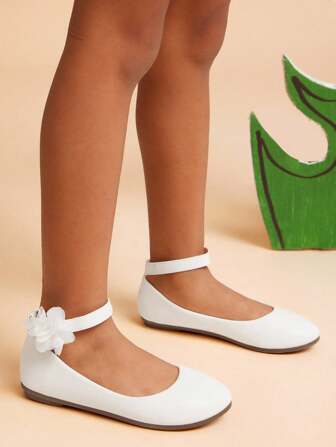 Mini mi Ankle Strap Floral Detail Round Toe Pu Black Flats– Cushion Dressing Shoes For Princess's Dance&Party