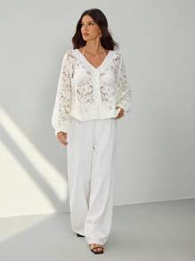 SHEIN Tall Áo len cardigan dệt kim khoét lỗ màu trơn thanh lịch cho nữ - trắng - Xem 6