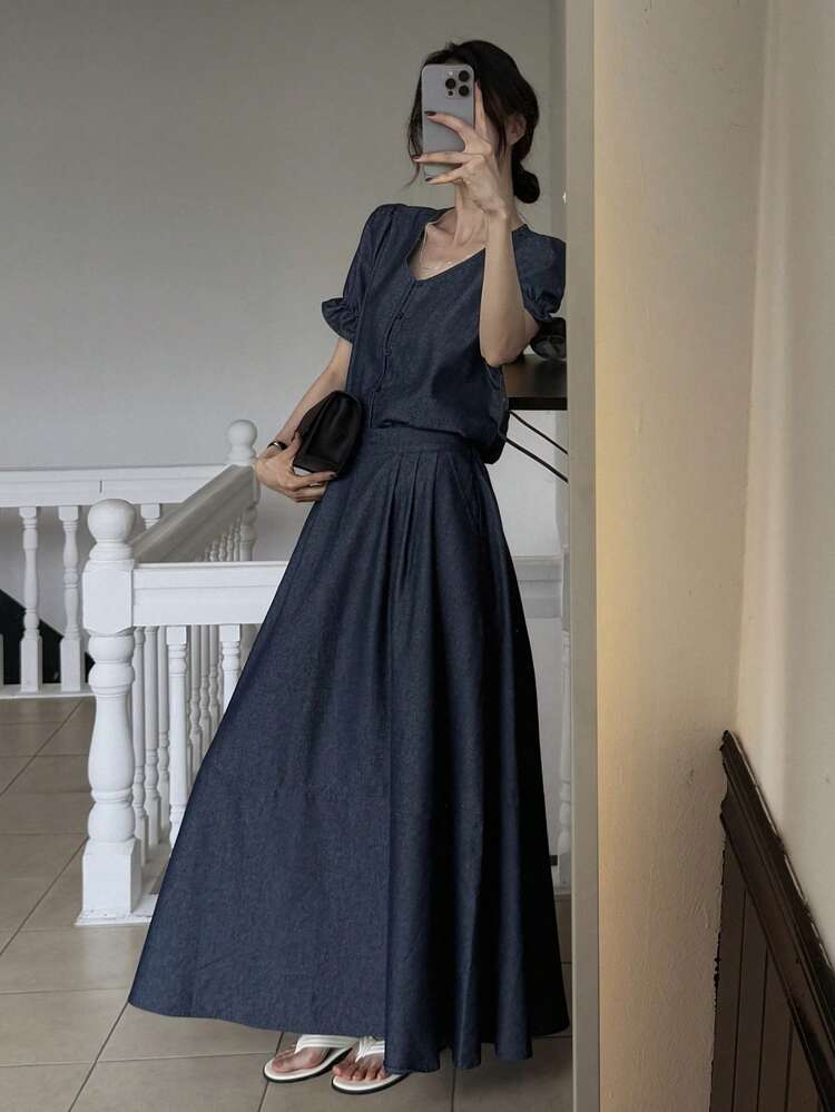 Retro Denim 2-Piece Set, Vintage Style, Delicate And Elegant, Slimming Design