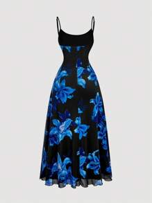 SHEIN MOD Plus Size Retro Navy Blue & Burgundy Plus Size Floral Pattern Elegant Mesh Strap Dress Blue Lily Print Dress Blue Floral Dress Ankle Length Dress Blue Floral Maxi Dress Blue Lily Dress