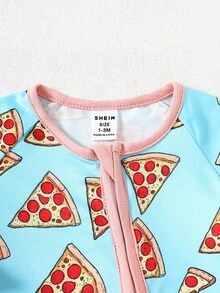 新生儿披萨印花插肩袖长袖拉链休闲连体衣秋冬款
