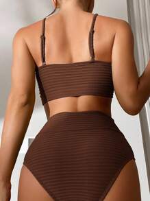 Swim Basics Women's Summer Beach Solid Color Textured Strap Bikini Set