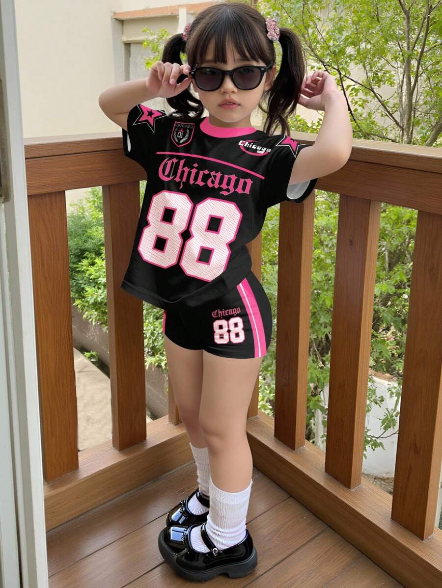年轻女孩两件套：夏季休闲简约短袖上衣和短裤 - 彩色 - 查看 1