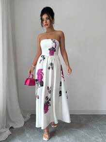 Elenzga Vestido sin mangas con estampado floral tejido y corsé en la cintura, apropiado para reuniones, cenas formales y vestidos de noche de lujo