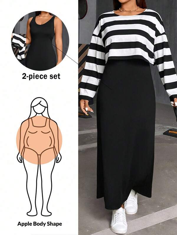 SHEIN Essnce Plus Size Women's Autumn And Winter Fashion Casual Daily Comfortable Black And White Striped Long-Sleeved Loose T-Shirt And Black Vest Long Dress Two-Piece Set,Curve Set,Dress Set,Streetwear For Women,Spring Clothes,Airport Outfit For Women,College Students Outfit