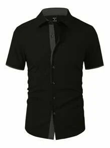 Manfinity Mode 大码男士休闲纯色短袖衬衫 - 黑色 - 查看 1