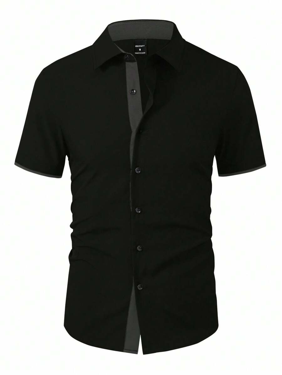 Manfinity Mode 大码男士休闲纯色短袖衬衫 - 黑色 - 查看 1