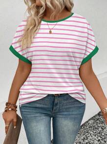 INAWLY Maglietta casual in taglie forti da donna, a maniche corte, con scollo rotondo, con stampa a righe, versatile, per primavera/estate