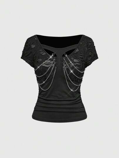 Grunge Punk Halloween T-Shirt Black Punk-Style Chain & Pleated Design Women T-Shirt