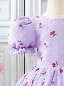 Young Girl Cherry Print Puff Sleeve Party Dress - Purple - View 4