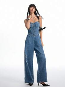 LYSMO 女士时尚纽扣设计口袋吊带牛仔连体裤 - 藍色 - 查看 3