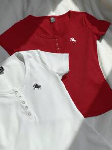 Comfortcana 2pcs Wine Red & White Solid Henley Neck Embroidery Fitted Short Sleeve T-Shirts