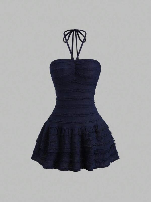 Sweetra Vestido corto de verano para mujer con cuello halter, nudo en la cintura y volantes