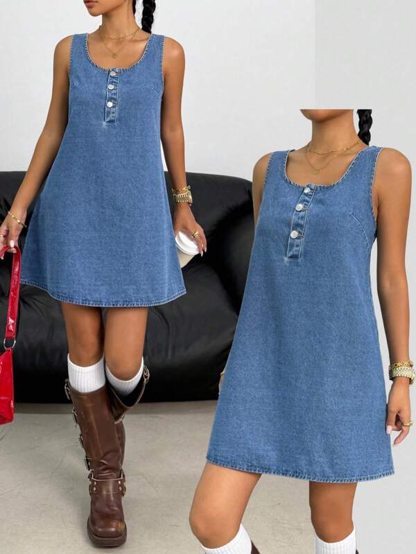Lässiges Denim Kleid ohne Ärmel für Teenager Mädchen, Blau, Büropendler Kleider, elegant und modisch für den Pendelverkehr, französische Urlaubsoutfits, Büro-Sirenen-Stil-Outfits, Sommer / Sommeroutfits / Sommerkleidung, Frühling / Frühlingsoutfits für Frauen, Strandoutfits für Frauen / Strand, Brunch-Outfits für Frauen, Frühlingsferien / Frühlingsferienoutfits, Konzertoutfit Frauen / Rave-Outfits Festival / Country-Konzertoutfit / Ibiza-Outfits / Nashville-Outfits