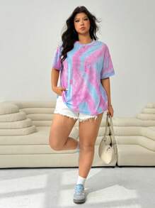 SHEIN EZwear Plus Size Women's Knit Tie Die Loose Short Sleeve T-Shirt For Summer - Multicolor - View 3