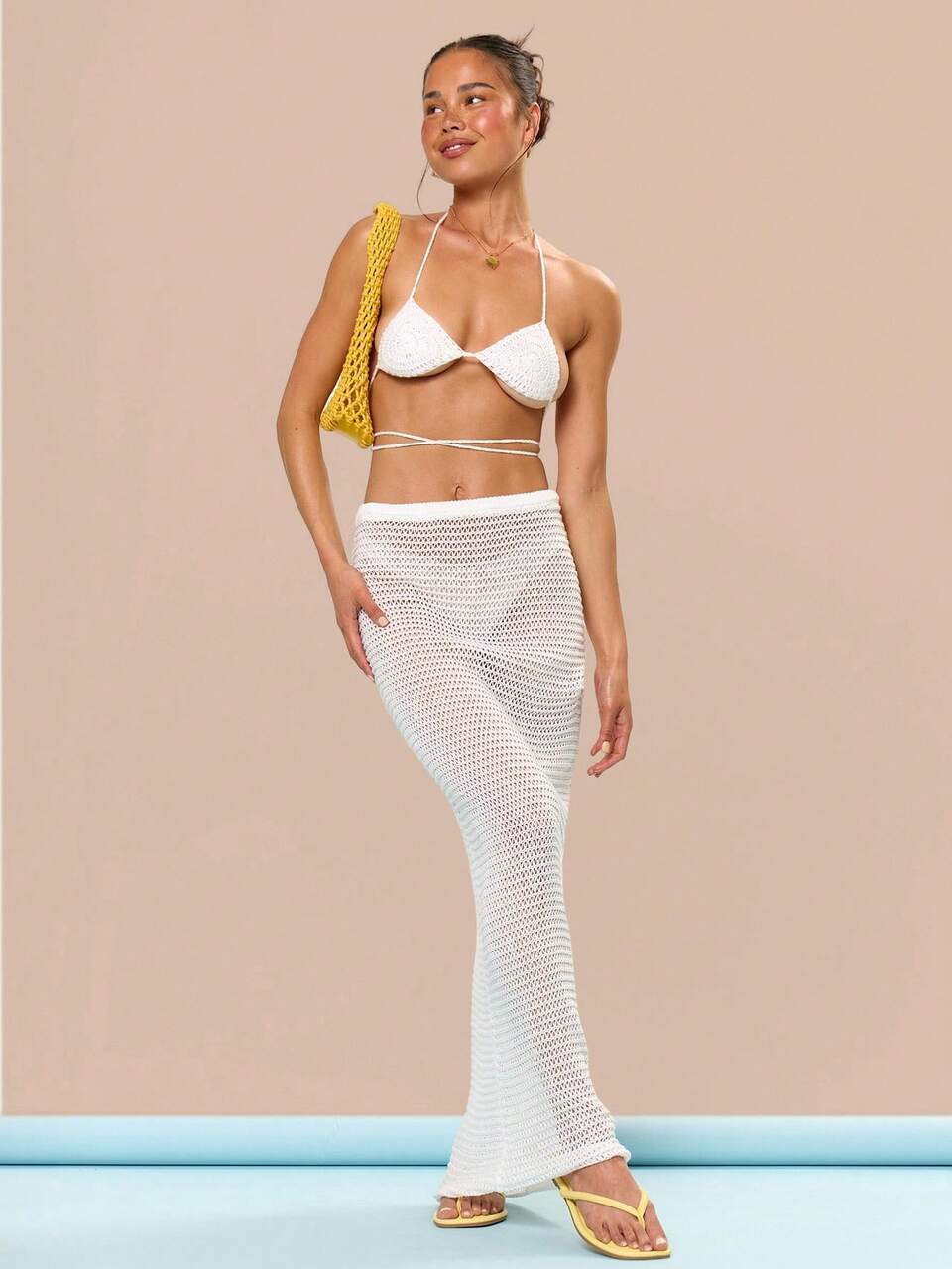 White Halterneck Crochet Bralette And Fitted Maxi Skirt Set,Casual Beach Vacation Holiday Cover Up,Autumn Festival Wedding Bridal Bachelorette Outfit