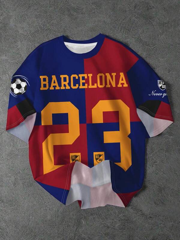SHEIN Teenager Jungen legeres minimalistisches Barcelona Fußball Grafik Rundhals Kurzarm T-Shirt, geeignet für den Sommer