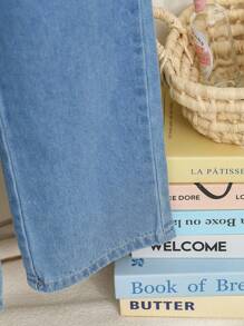 Sparklyn Tween Girls Y2K 风格复古水洗浅蓝色牛仔布，蝴蝶印花，宽松两件套，柔软舒适面料，百搭日常女童装 - 黑色 - 查看 4