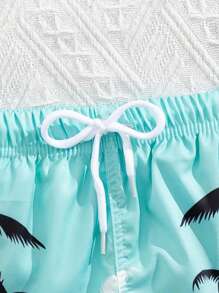 男童蓝色简约风格海滩波浪和棕榈树印花舒适泳裤泳衣，随机印花 - 淺藍色 - 查看 4