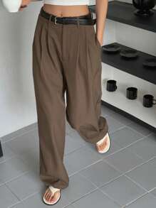 DAZY 女士纯色休闲西装裤，适合通勤和秋冬季商务穿着 - 棕色 - 查看 6