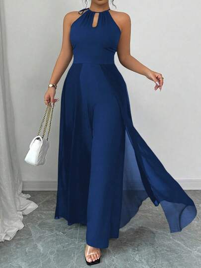 Elenzga Plus Size Elegant Commuter Solid Black Halter Tie-Up Sleeveless Cinched Waist Sheer Chiffon Hem Jumpsuit, Prom