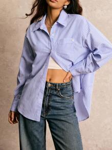 Easelle 女士休闲宽松经典蓝色条纹长袖衬衫 - 藍白色 - 查看 8