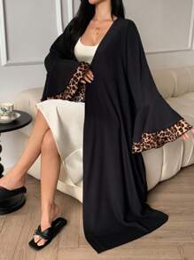 DAZY Leopard Print Patchwork Ruffled Flare Sleeve Long Loose Women's Bathrobe Pajama - Black - View 5